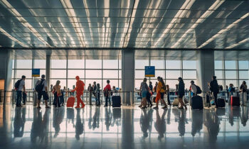 Terminal di aeroporto con numerosi viaggiatori in movimento e un soggetto evidenziato in rosso dal sistema Acusearch.